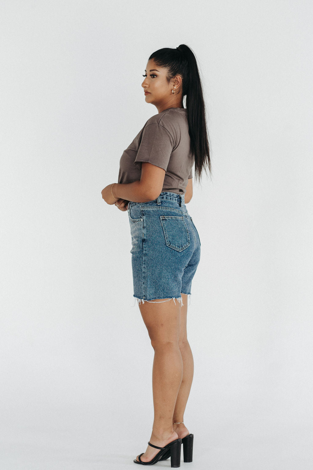 High waisted longline denim shorts store